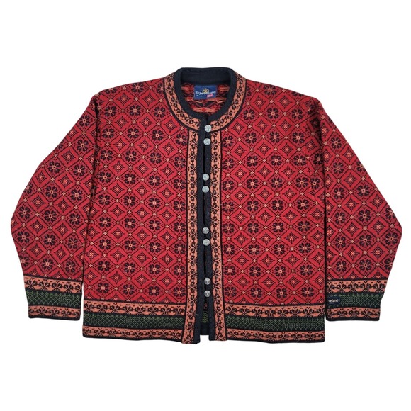 Skjaeveland of Norway Wool Cardigan Sweater Womens Red Nordic Knit - Picture 1 of 11